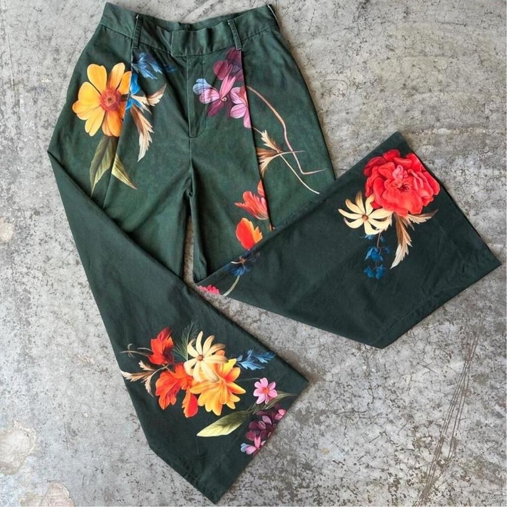 THE KIT NYC Floral Wide Leg Trousers High Rise Green Garden Plant Mom Art Boho 8